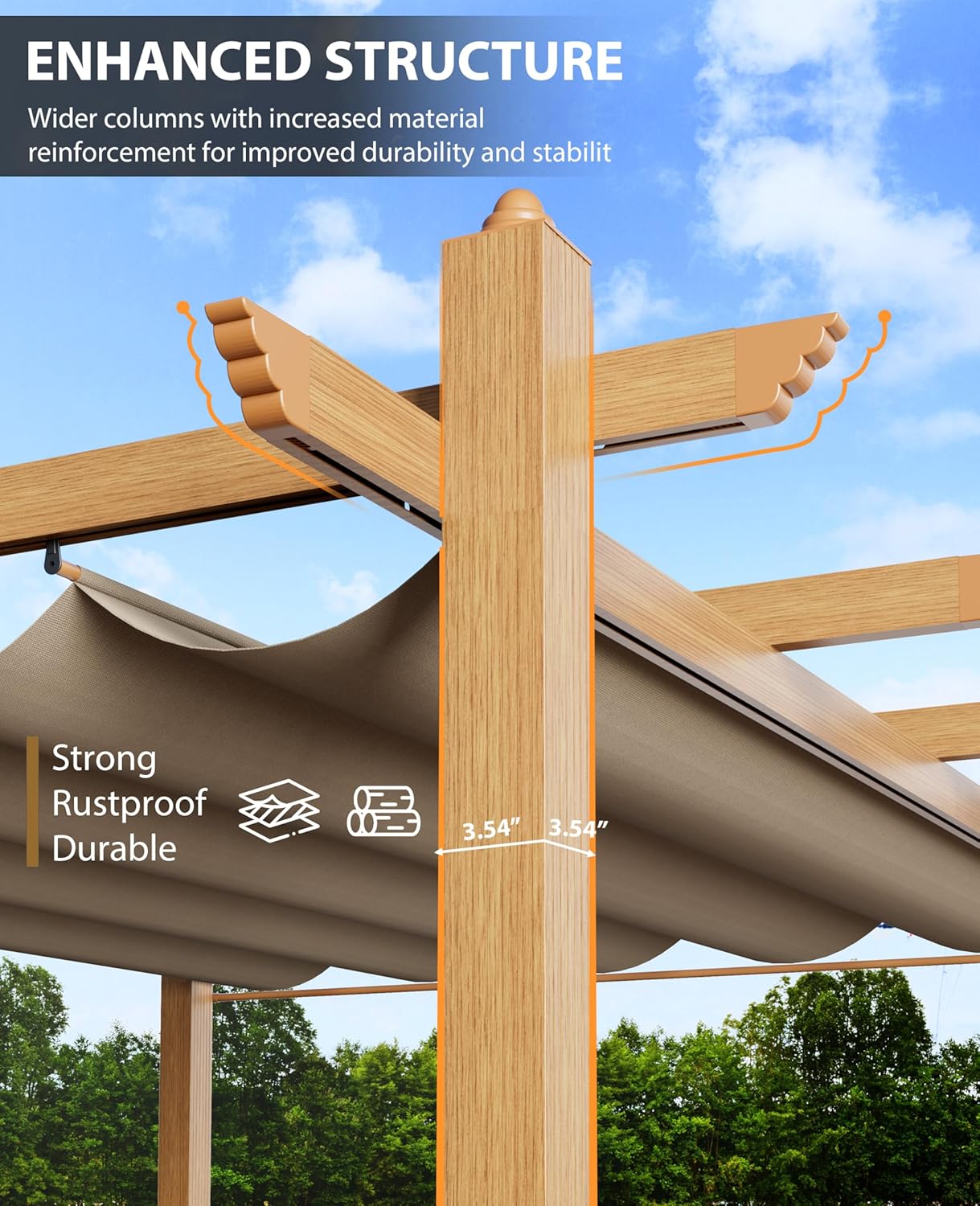 10x10 Ft Outdoor Retractable Pergola with Adjustable Roof Modern Metal Patio Gazebo, Upgraded Faux Wood Grain Aluminum Pergola for Deck, Backyard Gardens, Porches, Grapevines, Khaki