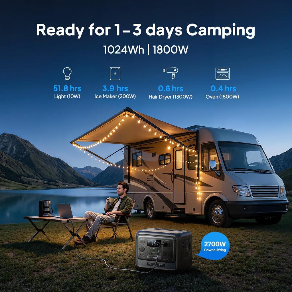 BLUETTI Elite 100 V2 Portable Power Station, 1024Wh LFP Battery Backup w/ 4 1800W AC Ports (3600W Surge), 35% Smaller, Fast Charge and UPS Solar Generator for Camping, Road Trip, Outages, Home Backup