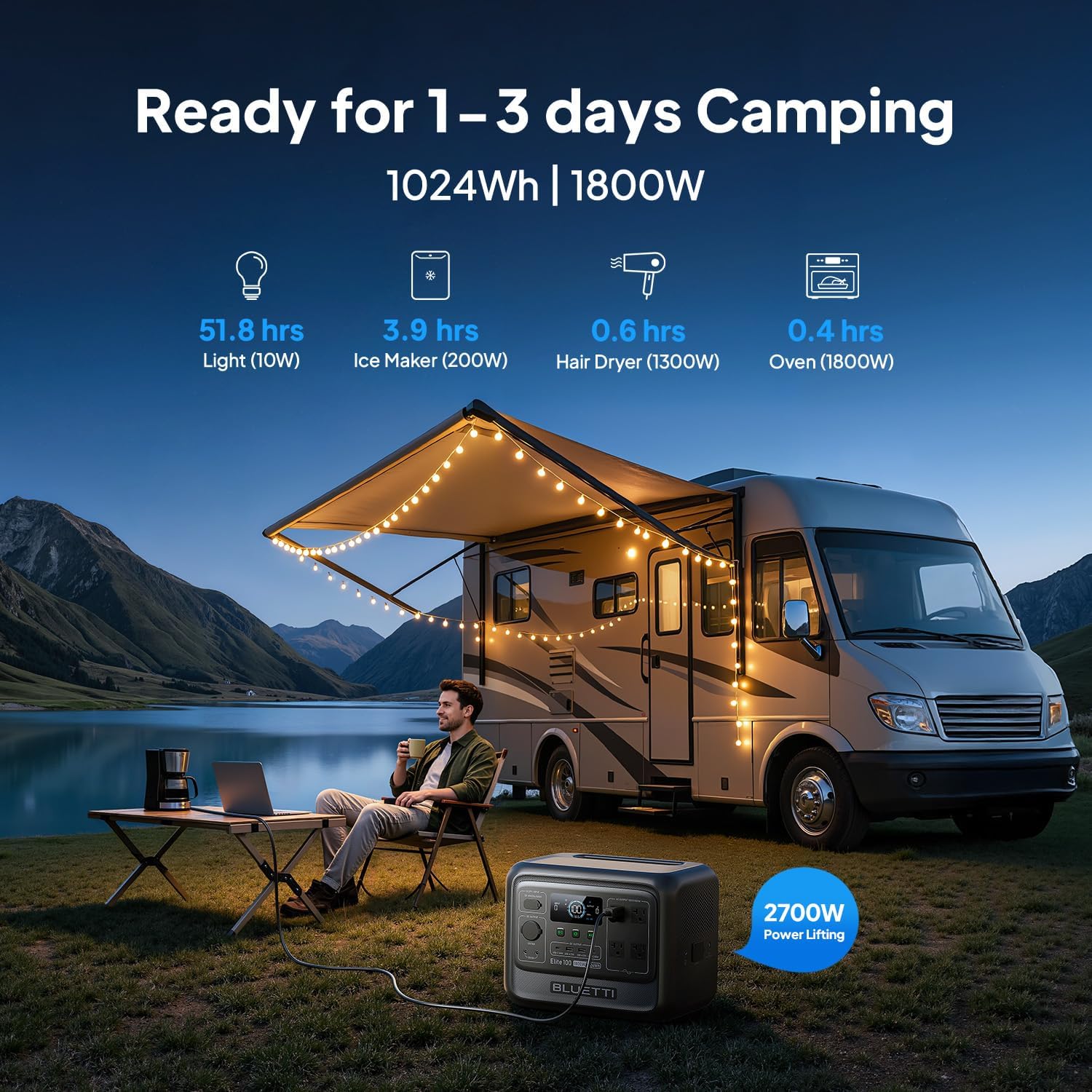 BLUETTI Elite 100 V2 Portable Power Station & Charger 1 (ships separately), 1024Wh LFP w/ 1800W AC, 560W DC-DC Charging, 1.8 H Full Charge via Car, Ideal for Car Camping, Vanlife, RV Travel