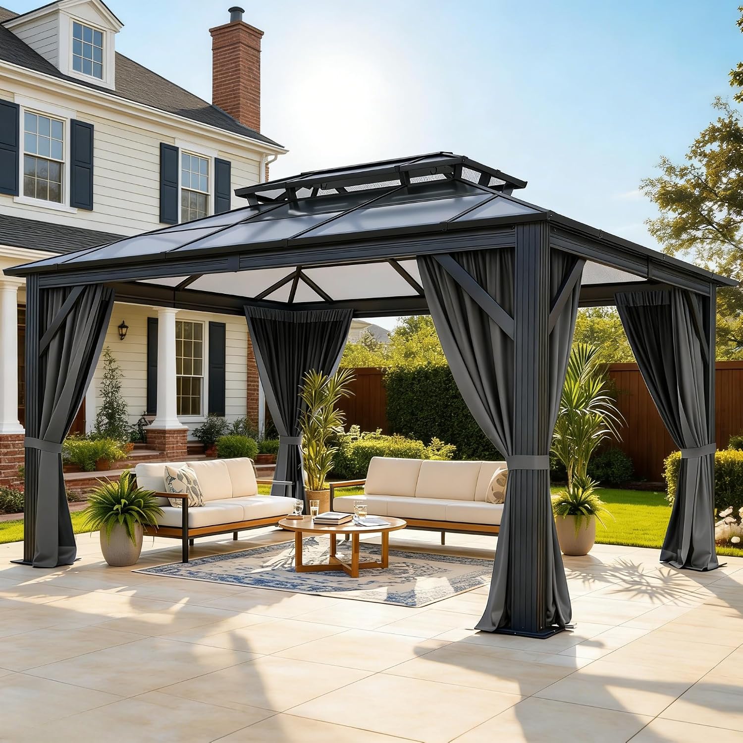 YITAHOME 10X12FT Polycarbonate Gazebo Outdoor Patio Double Top Canopy Galvanized Iron Garden Tent Curtains Netting for Backyards Decks Lawns,Gray