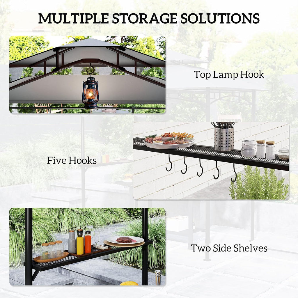 Outsunny 8' x 7.6' Grill Gazebo, Double Tiered Outdoor BBQ Gazebo with Side Awning, 2 Side Shelves and 6 Hooks for Patio, Deck, Yard, Dark Gray