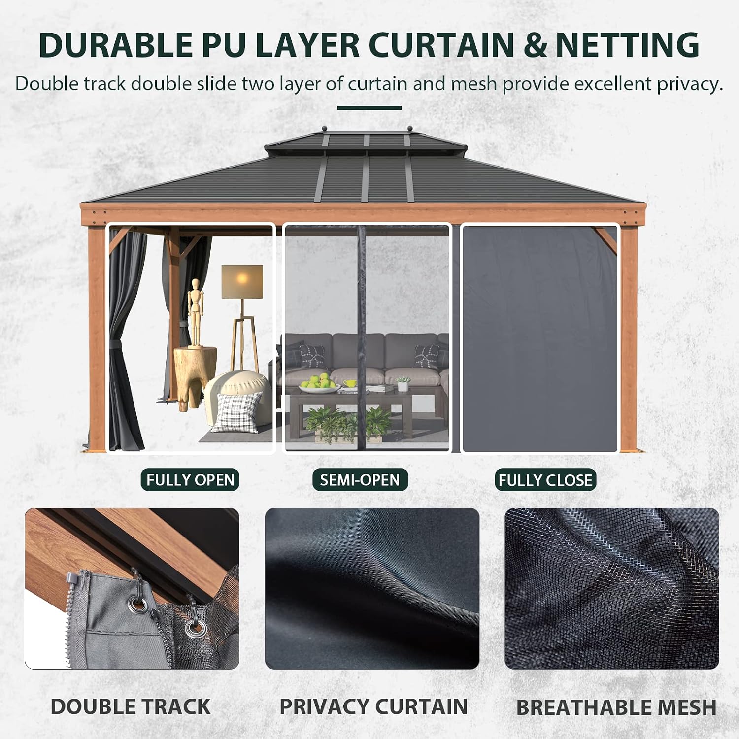 YOLENY 12' x 16' Hardtop Gazebo Faux Wood Grain with Aluminum Frame, Galvanized Steel Double Roof, Outdoor Patio Gazebo with Netting and Curtains for Backyard, Patio and Lawns