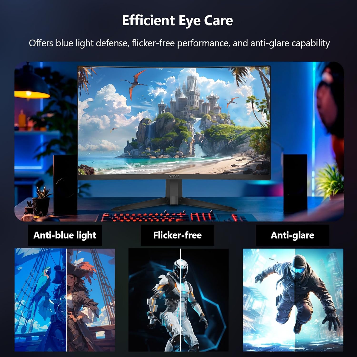 Z-Edge 27 inch Curved Gaming Monitor, FHD 1080P 300Hz 280Hz 240Hz Curved Monitor 1500R Computer Monitor, MPRT 1ms Monitor, FreeSync, Low Blue Light,16.7M Colors, UG27S 2X DP and 2X HDMI