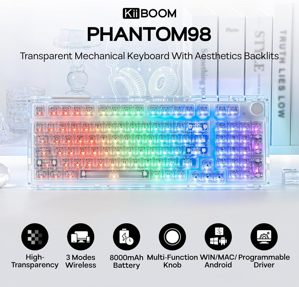 KiiBoom Phantom 98 Crystal Mechanical Gaming Keyboard, Transparent Keyboard with RGB Backlits, Hot-Swappable, Shine Through Clear Keycaps, 3 Modes Wireless, 8000mAh Battery, NKRO for Win/Mac (Clear)