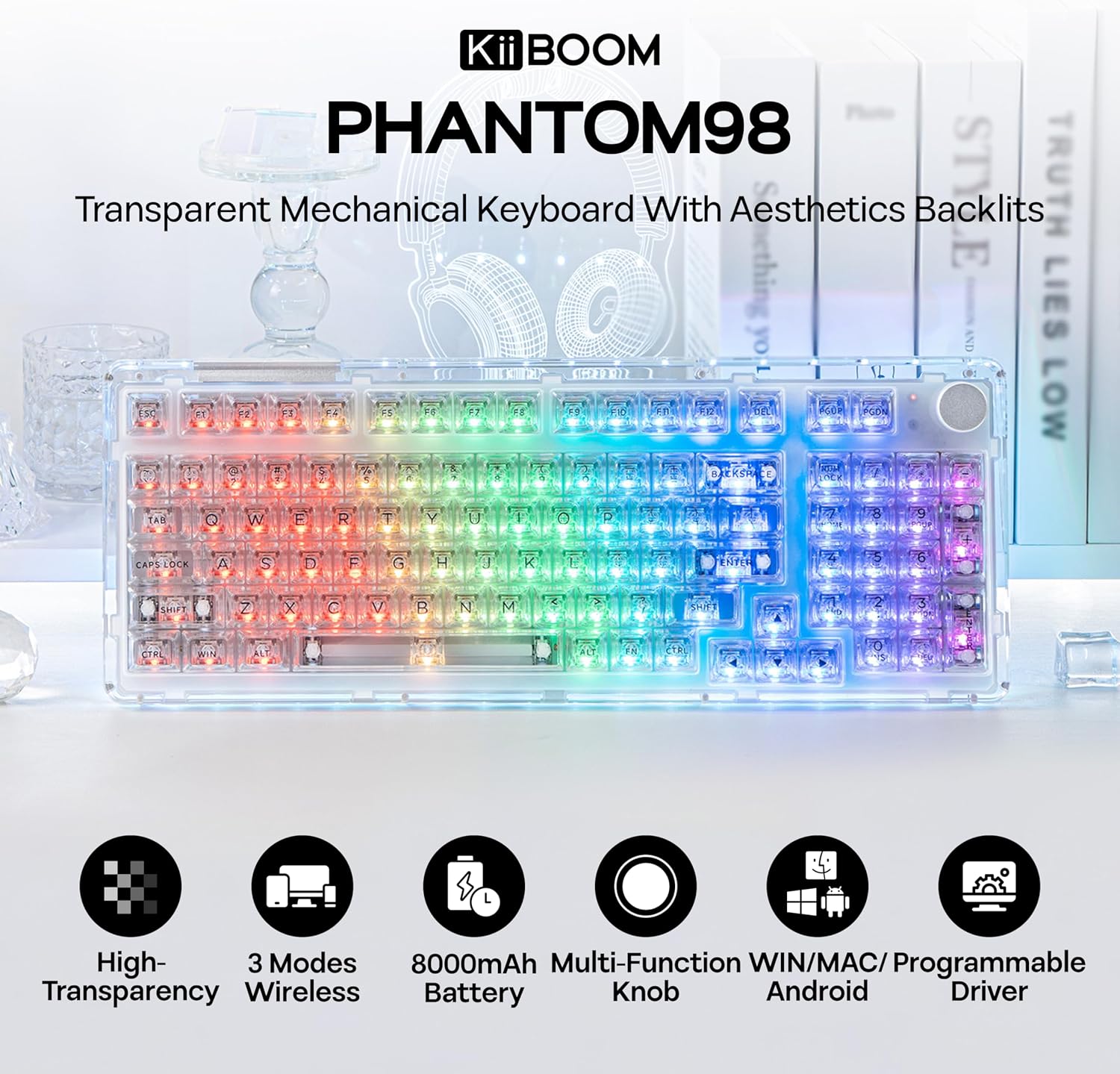 KiiBoom Phantom 98 Crystal Mechanical Gaming Keyboard, Transparent Keyboard with RGB Backlits, Hot-Swappable, Shine Through Clear Keycaps, 3 Modes Wireless, 8000mAh Battery, NKRO for Win/Mac (Clear)