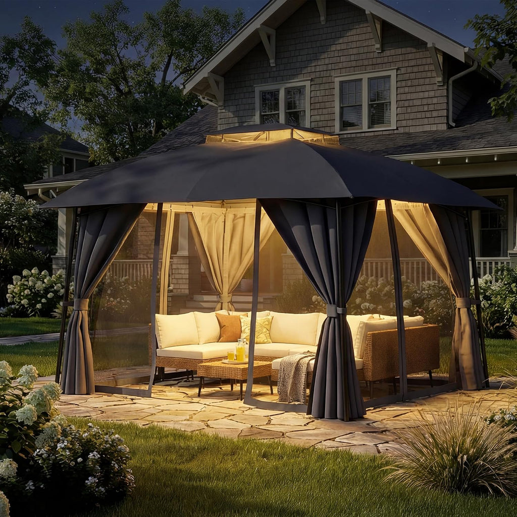 Outdoor Patio Gazebo 10x12 with Solar Powered LED Light, Heavy Duty Metal Frame Canopy Tent Shelter with Double Roof Design, Patio Gazebo with Mosquito Nettings and Privacy Screens for Patio