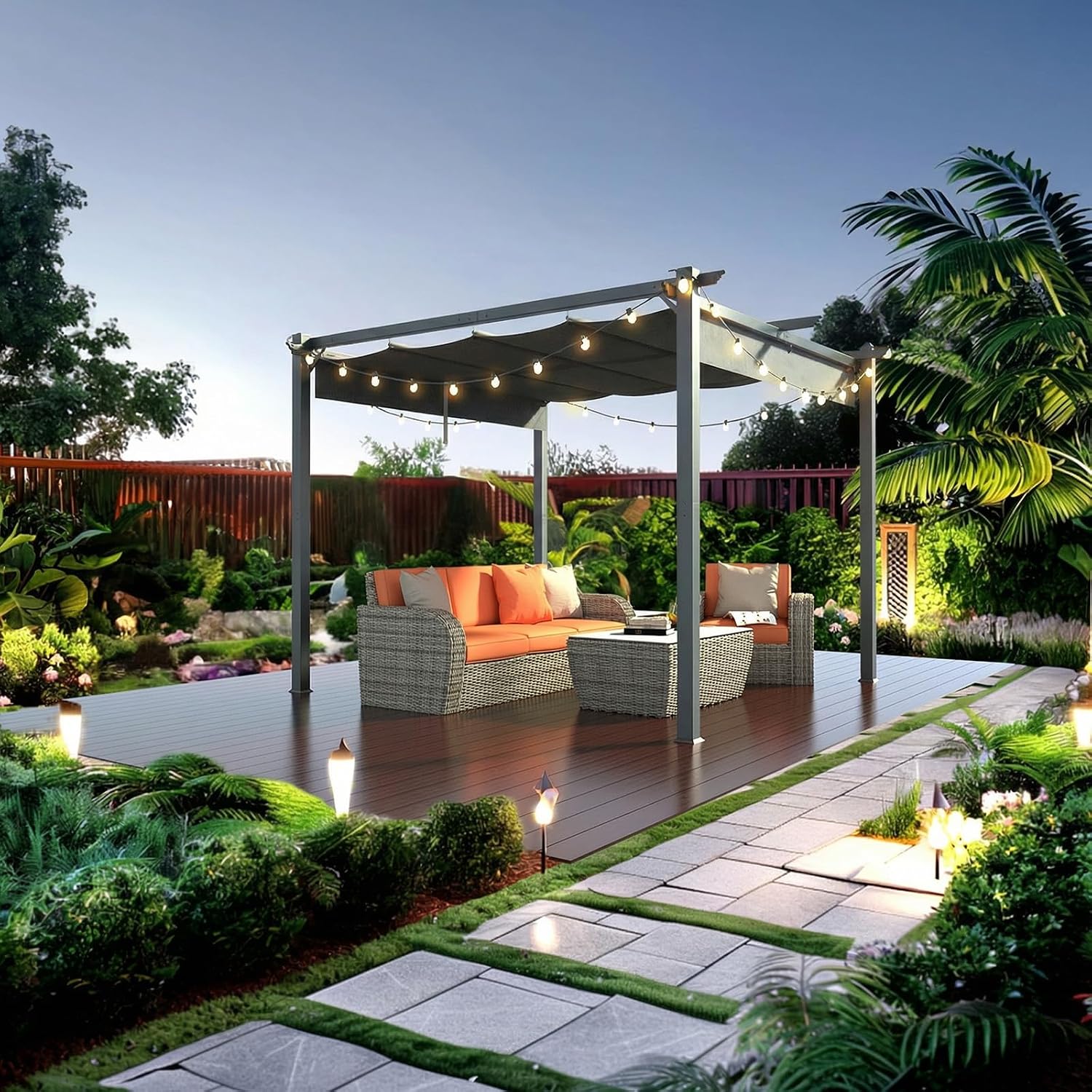 Outvita Patio Pergola, 10x10ft Aluminum Gazebo with Adjustable Retractable Waterproof Sun Shade Shelter Awning for Garden Lawn Deck