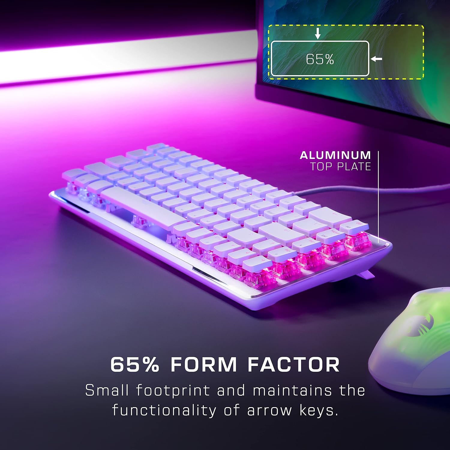 Roccat Vulcan II Mini–65% Optical PC Gaming Keyboard with Customizable RGB Illumination, Detachable Cable, Button Duplicator, On-board profiles, Aluminum Plate, 100 million Keystroke Durability -White