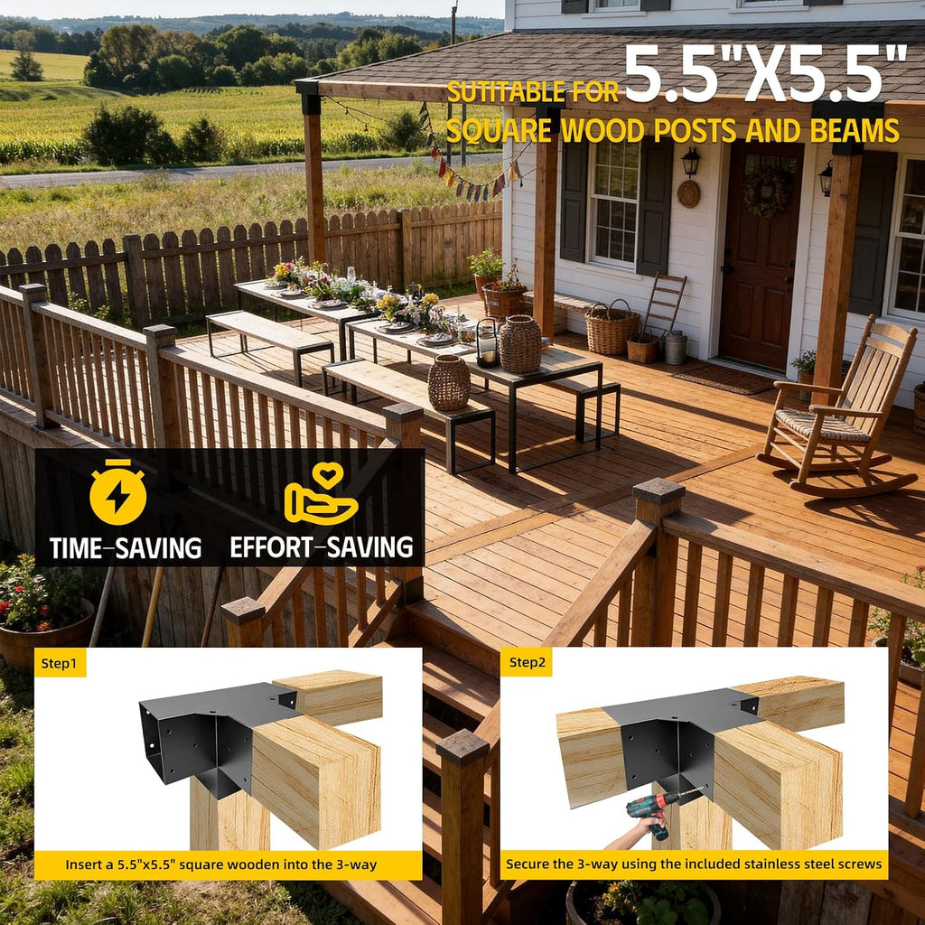 4-Way Pergola Right Corner Brackets Kit, DIY Woodwork Brackets for 6' x 6' (Actual:5.5' x 5.5') Lumber for Patio Pergolas, Gazebos, Log Cabin W/Hardware - 2 Pack
