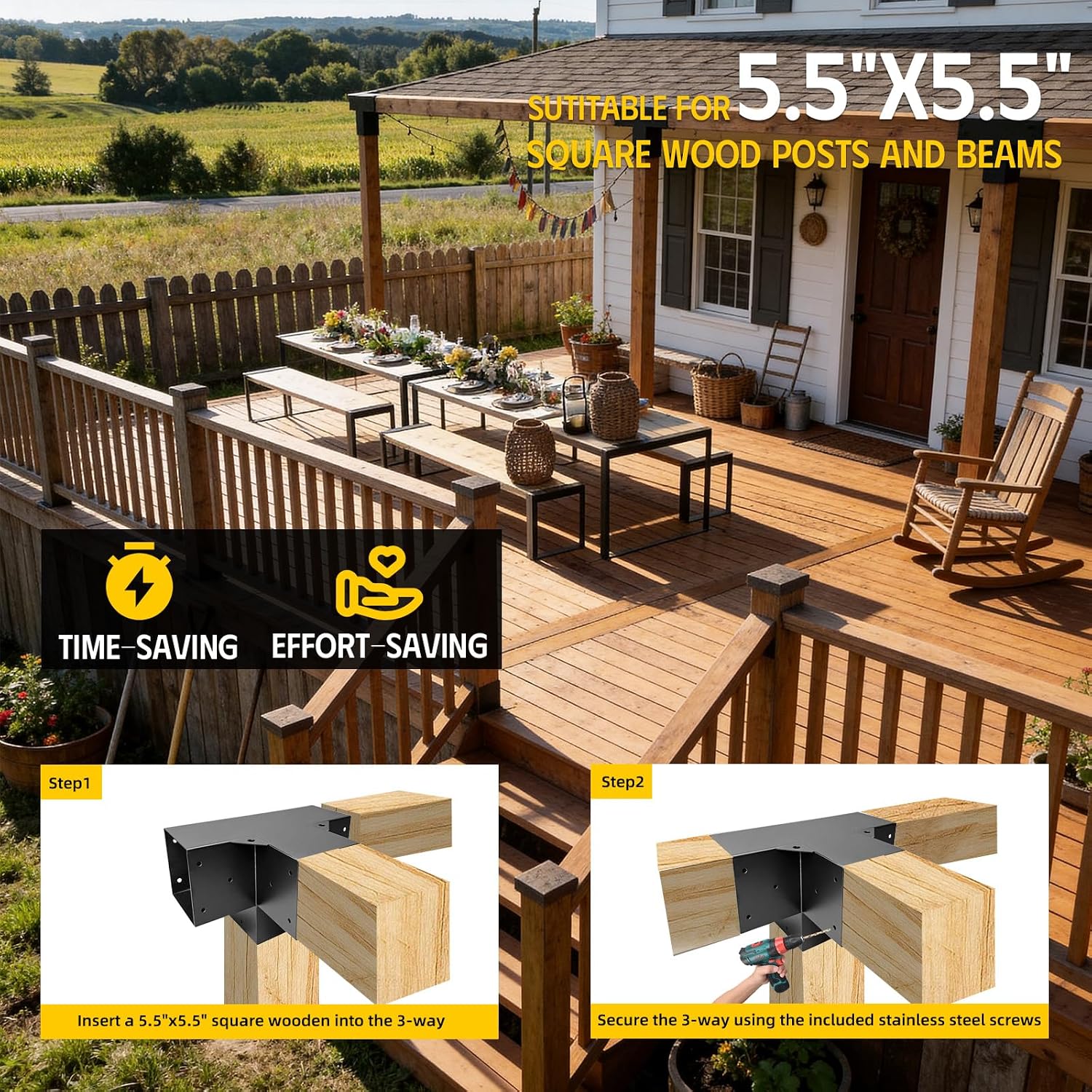 4-Way Pergola Right Corner Brackets Kit, DIY Woodwork Brackets for 6' x 6' (Actual:5.5' x 5.5') Lumber for Patio Pergolas, Gazebos, Log Cabin W/Hardware - 2 Pack