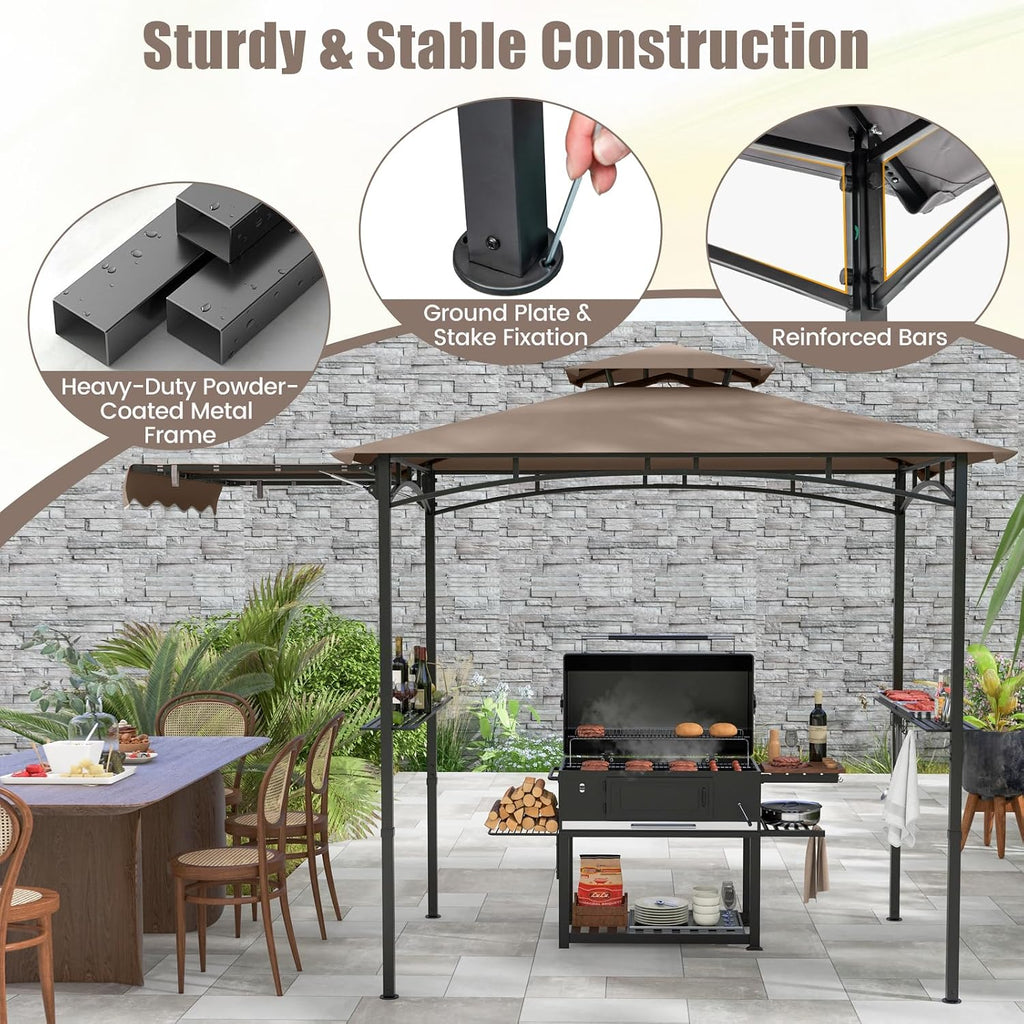 HAPPYGRILL Outdoor Grill Gazebo Canopy 11 x 5 FT, Barbecue Canopy with Double-Tiered Top, 2 Side Shelves, Hanging Hooks, Bottle Opener, Metal Frame, BBQ Grilling Shelter