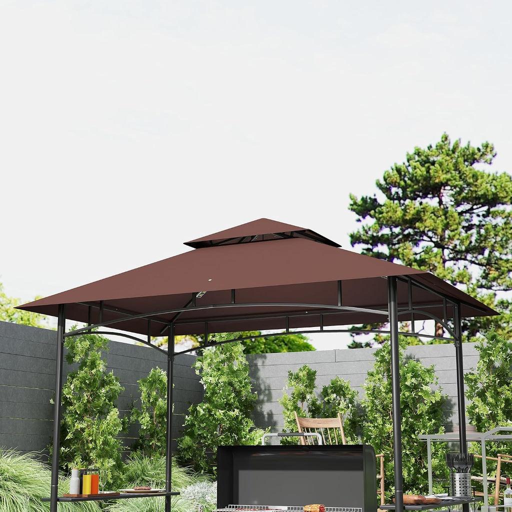 Outsunny 8' x 5' Grill Gazebo, 2-Tier Outdoor BBQ Gazebo with Ceiling Hook, 2 Side Shelves and Storage Baskets for Patio Deck Yard, Dark Brown