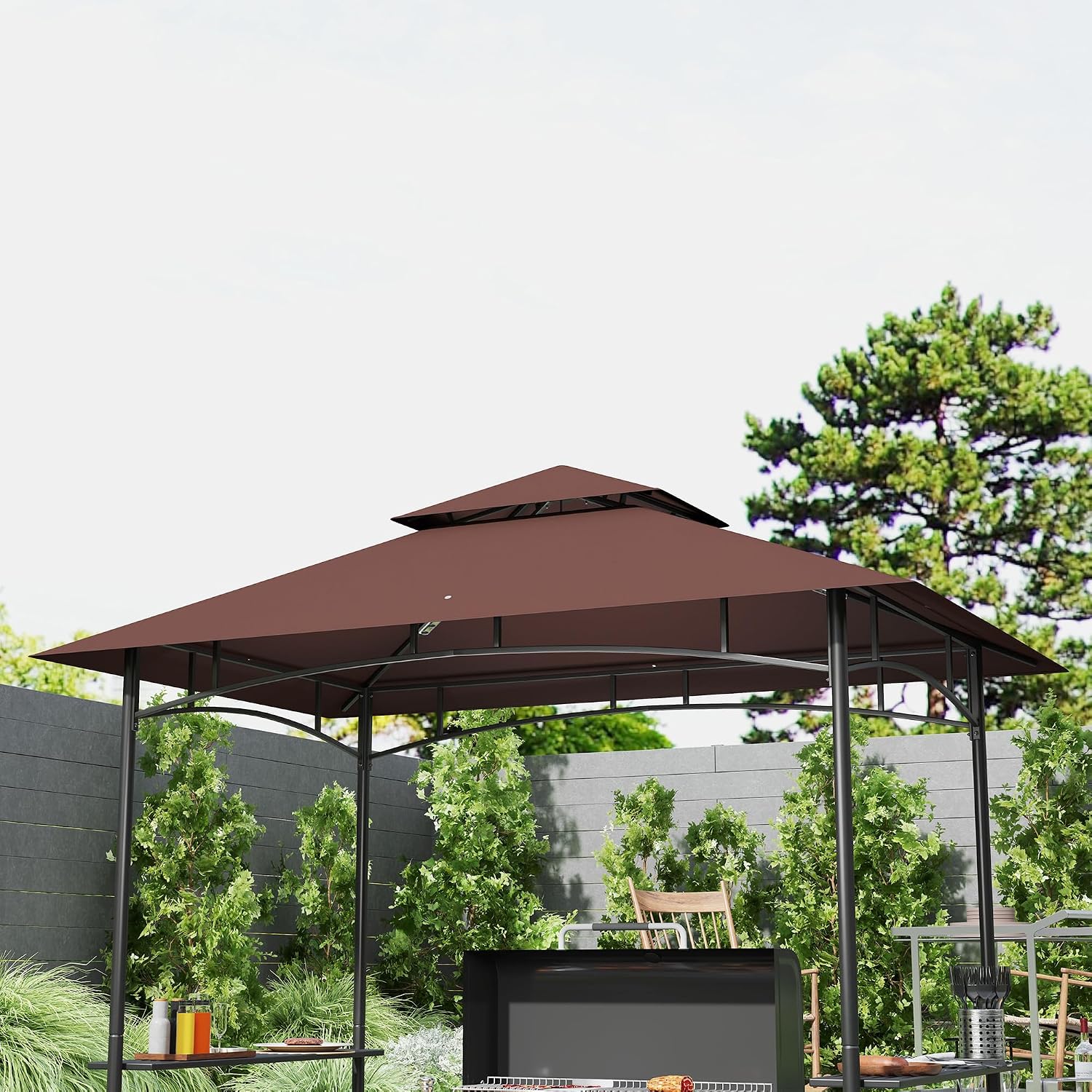 Outsunny 8' x 5' Grill Gazebo, 2-Tier Outdoor BBQ Gazebo with Ceiling Hook, 2 Side Shelves and Storage Baskets for Patio Deck Yard, Dark Brown