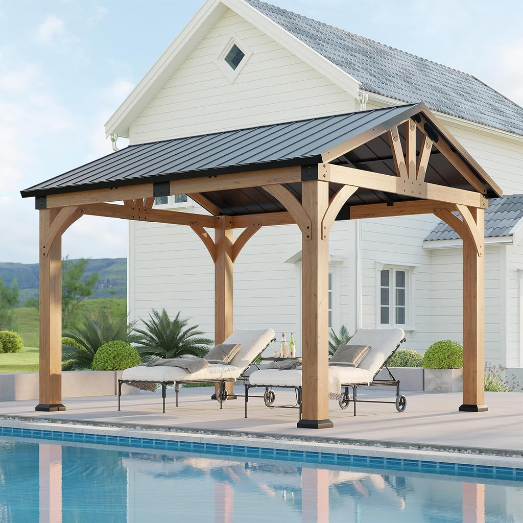 10x12 ft Cedar Wood Gazebo, Hardtop Gazebo with Galvanized Steel Peak Roof, Outdoor Pavilion for Snow Support, Wind Resistance, UV Protection, Shade for Garden, Patio, Deck