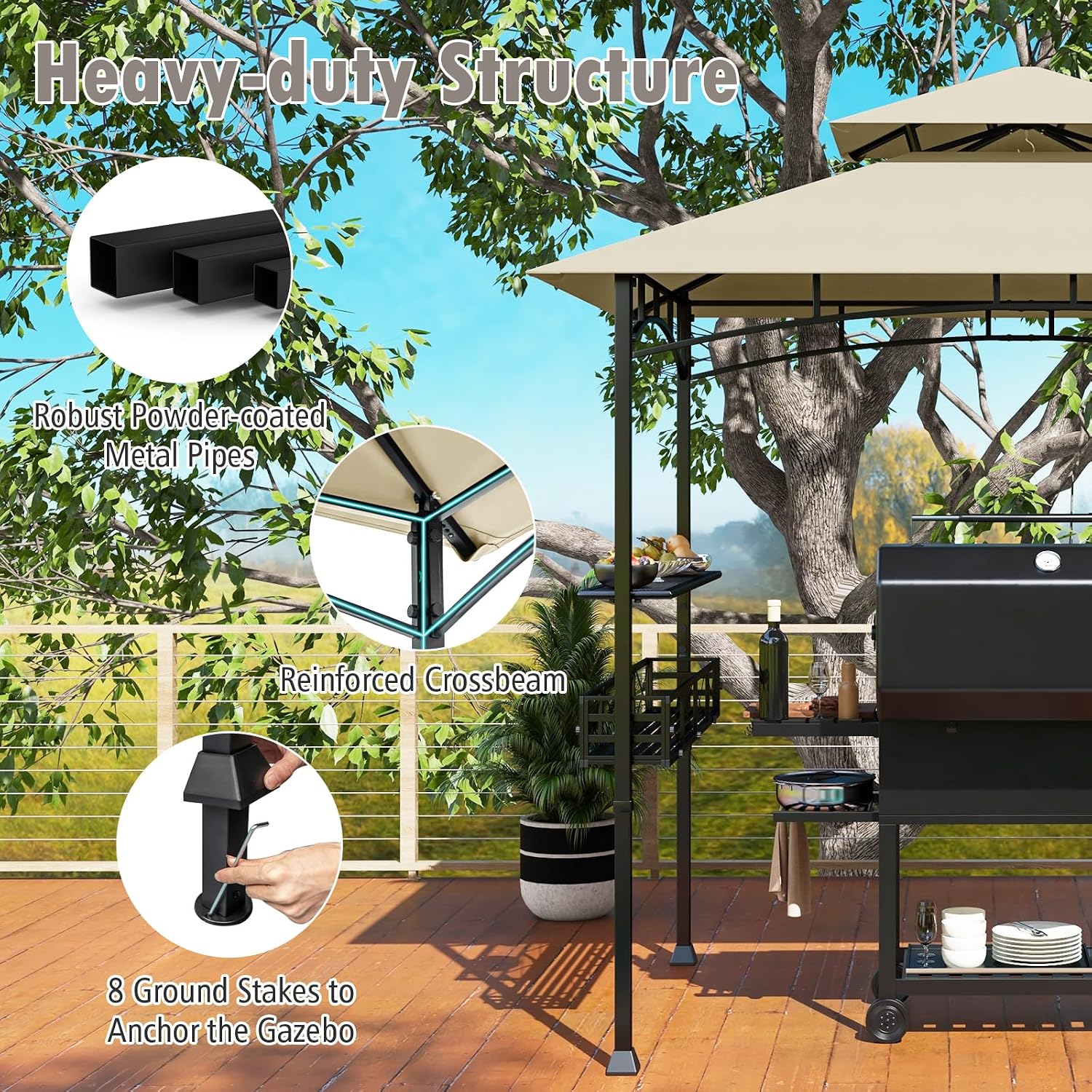 HAPPYGRILL 8 x 5 FT BBQ Grill Gazebo with 2 Side Shelves, Storage Basket, Hanging Hooks, Bottle Opener, Double-Tiered Top, Metal Frame, Outdoor Barbecue Canopy, Grilling Shelter for Patio Garden Yard