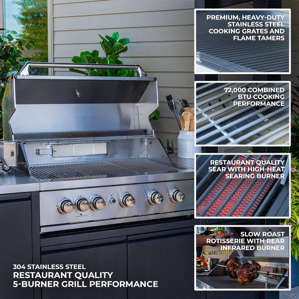 Backyard Discovery Fusion Flame Galvanized Steel Covered Outdoor Kitchen with 5-Burner Stainless, Grill, Refrigerator, Countertop, Storage, and, Roof for All-Season Outdoor Cooking, electric