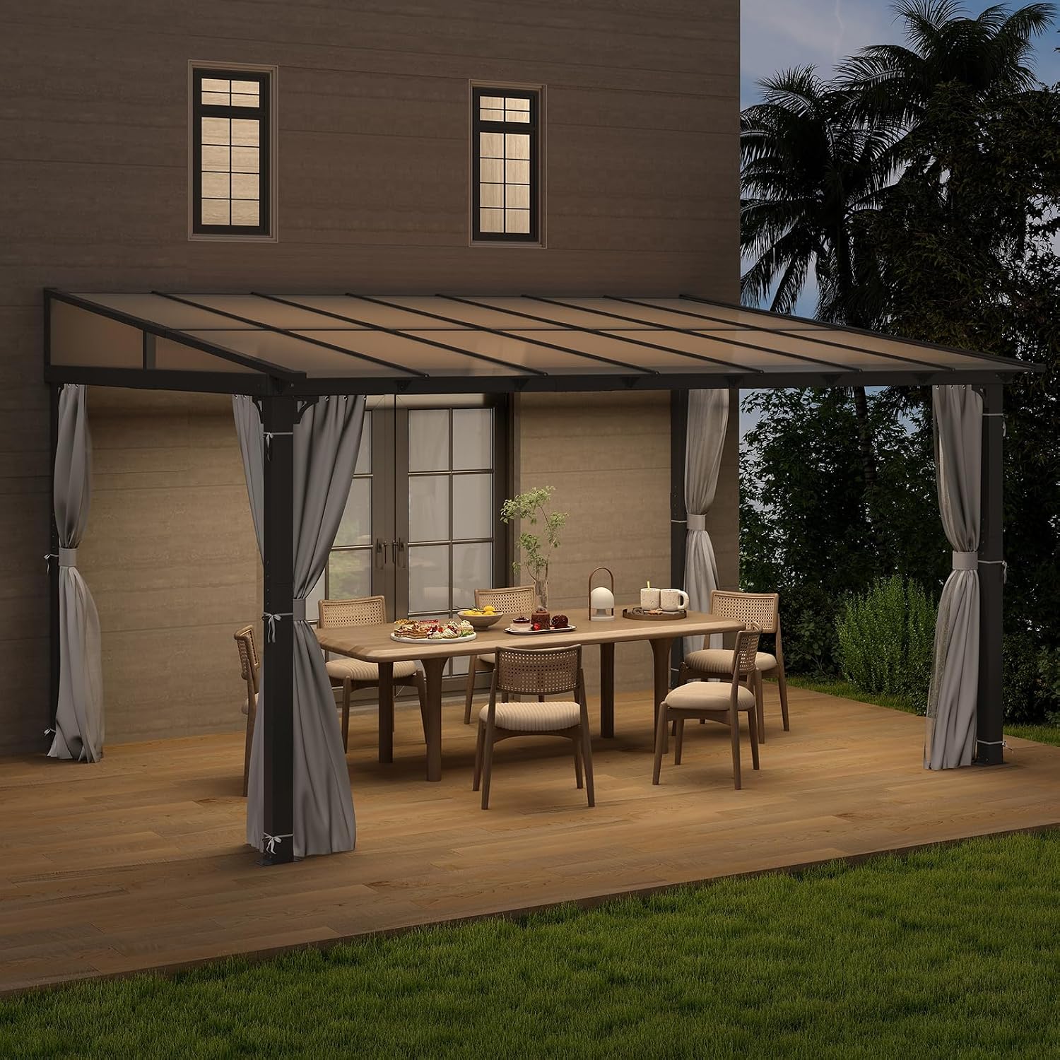 10'x10' Lean to Gazebo, Wall Mounted Gazebo with Aluminum Frame, Curtains and Netting for Patio,Decks, Garden and Lawn