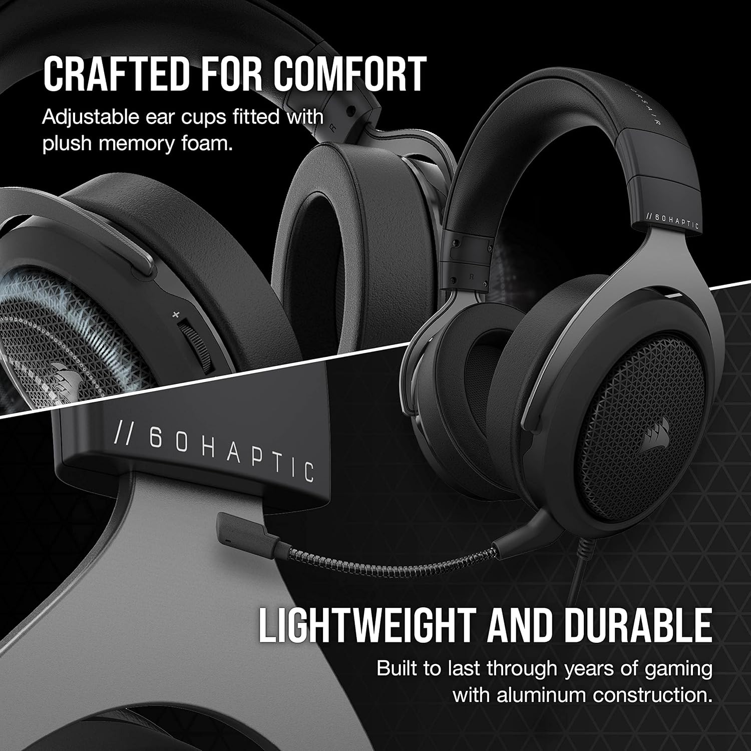 Corsair HS60 HAPTIC Stereo Gaming Headset with Haptic Bass - Taction Technology - Discord Certified - iCUE Compatible - PC - Carbon