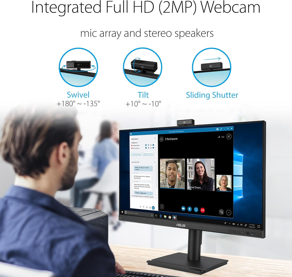 ASUS 27' 1080P Video Conferencing Monitor (BE279QFK) - Full HD, IPS, 100Hz, Frameless, Built-in Webcam, Mic Array, Speaker, Height Adjustable, Ergonomic Design, Eye Care, Wall Mountable, 3 yr warranty