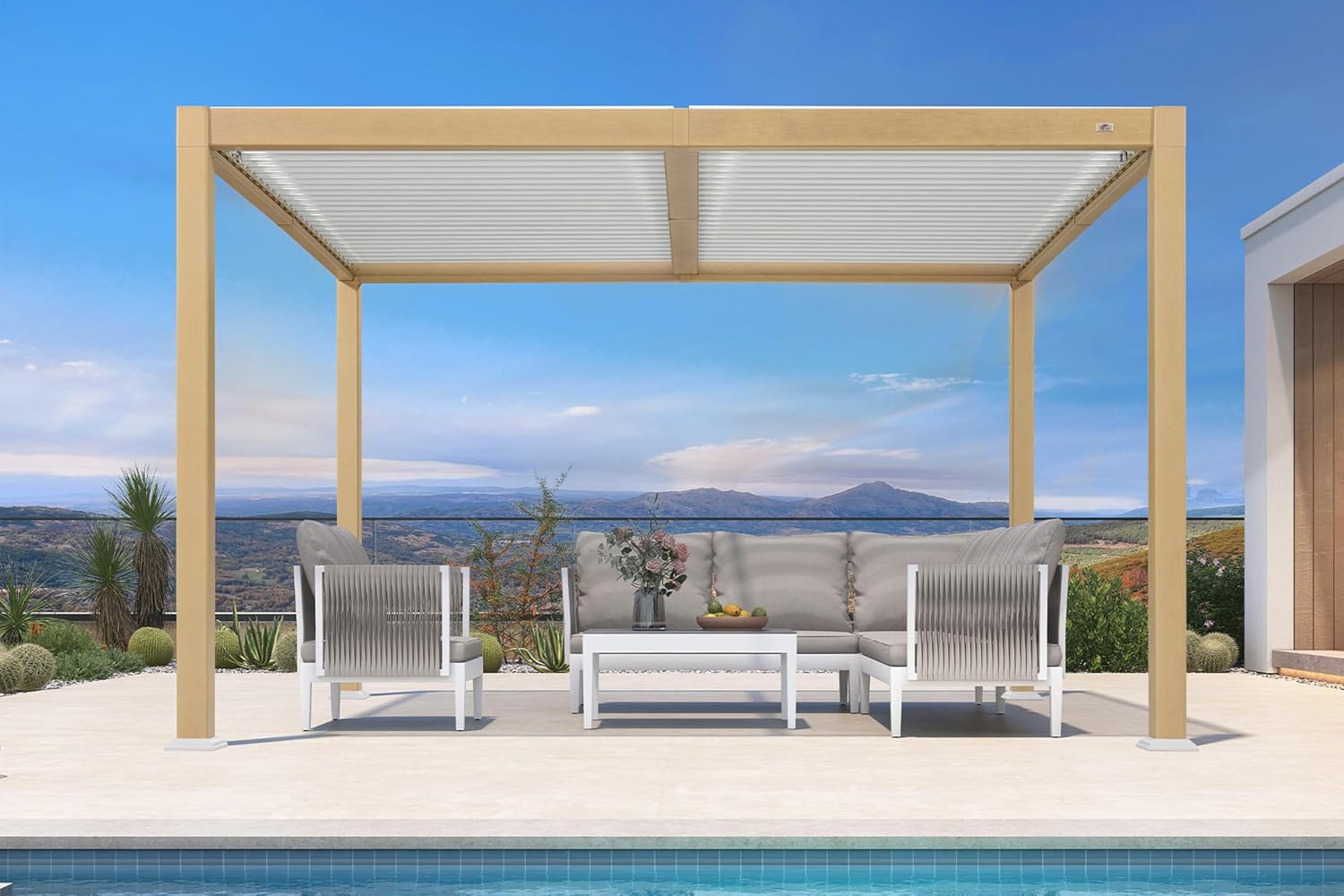 PURPLE LEAF 10' x 12' Louvered Pergola Outdoor Wood Grain Aluminum Pergola with Adjustable Roof Retractable Patio Rainproof Hardtop Gazebo for Deck Backyard Garden