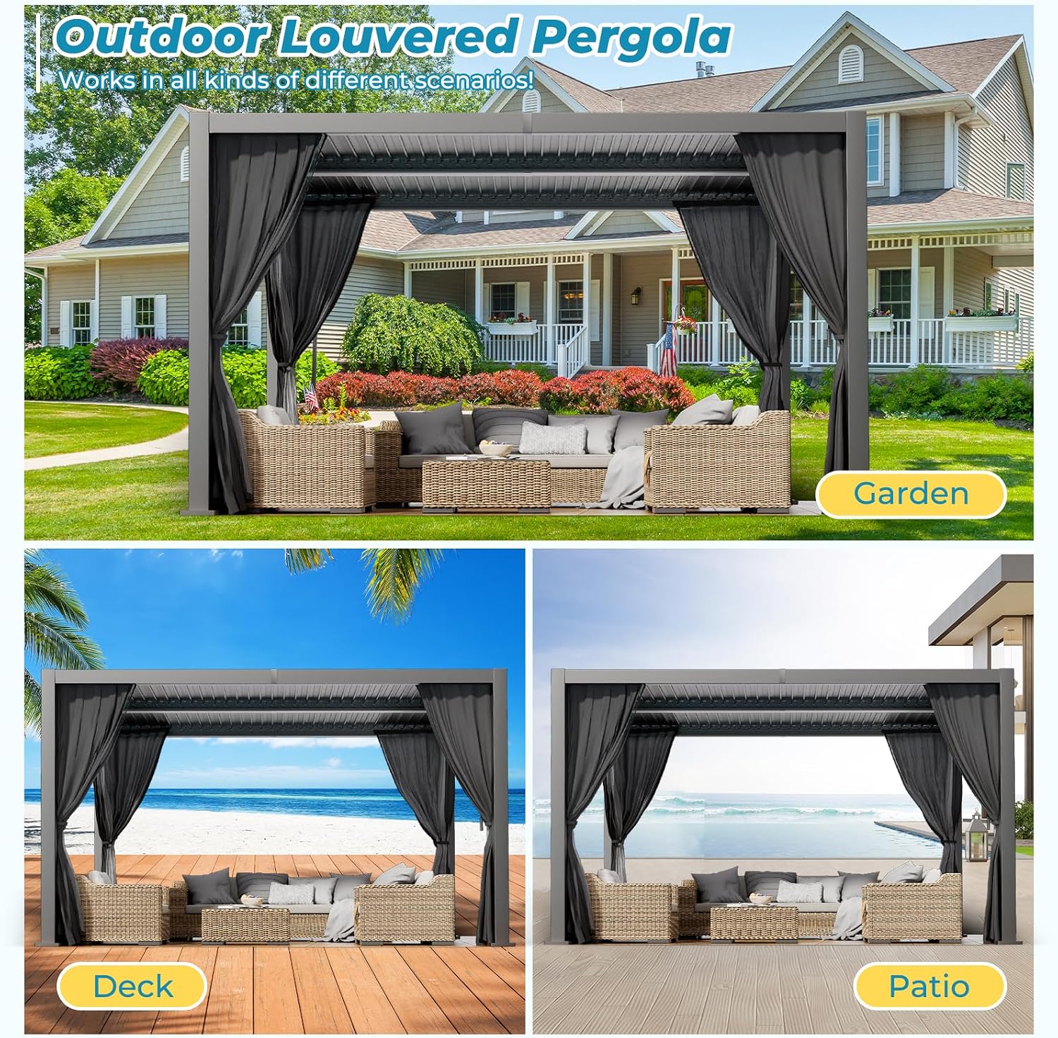 LVUYOYO Outdoor Louvered Pergola 10' x 13', Aluminum Pergola with Adjustable Roof, Waterproof Metal Gazebo with Curtains and Netting for Patio, Backyard, Garden, Deck (Black)