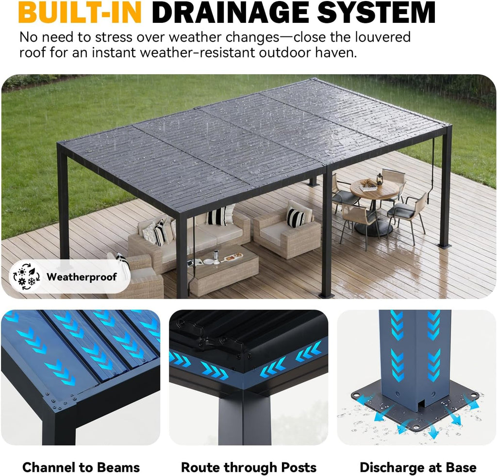 MELLCOM Pergola Louvered 12x20, Metal Hardtop Pergola with Adjustable Roof for Sun & Rain Shade, Outdoor Gazebo with Integrated Drainage System, Modern Rustproof Patio Canopy Carport