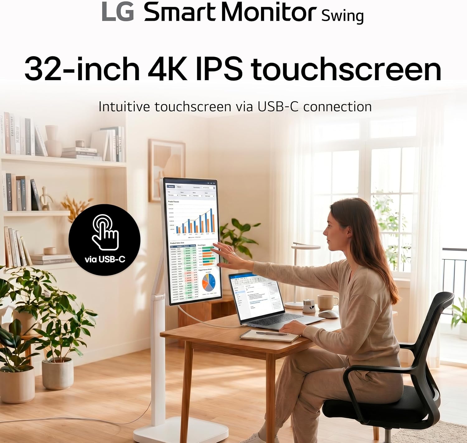 LG Smart Monitor Swing 32U889SA-W 32-Inch 4K UHD (3840x2160) IPS Touchscreen on a Fully Adjustable Wheeled Base HDR10, webOS, Built-in Speaker, HDMI, USB Type-C, Tilt/Height/Swivel/Pivot Stand, White