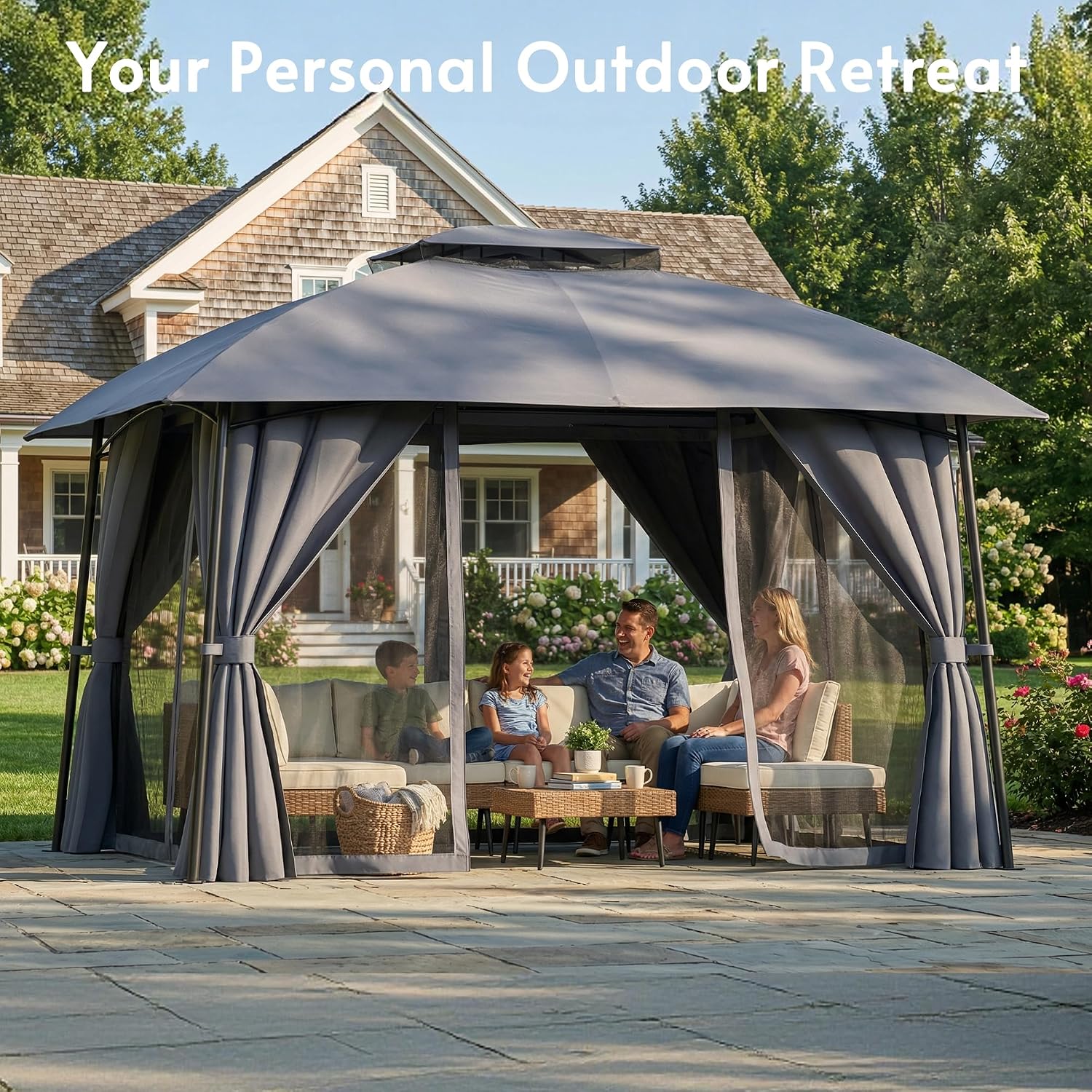 Outdoor Patio Gazebo 10x12, Heavy Duty Metal Frame Canopy Tent Shelter with Double Roof Design, Patio Gazebo with Mosquito Nettings and Privacy Screens for Backyard, Deck, Garden (Dark Grey)