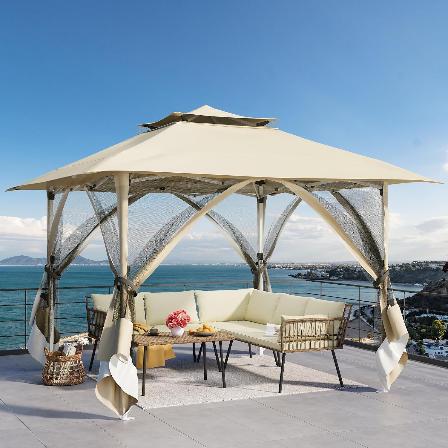 YITAHOME 12x12ft Patio Gazebo Double Roof Pop Up Canopy Outdoor Portable Instant Tent with Netting for Lawn, Garden, Backyard and Deck, Beige