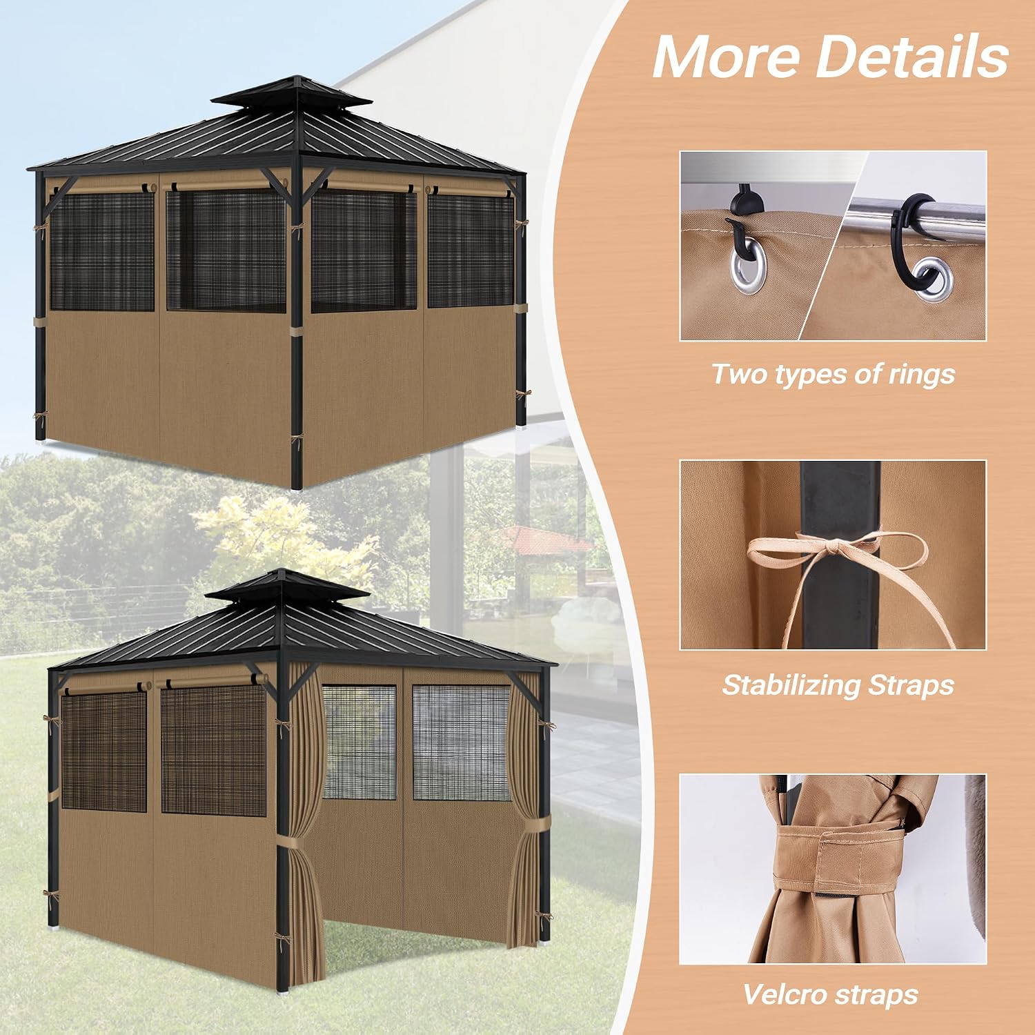 Gazebo Privacy Curtain 10'x12', Replacement Curtains with Mosquito Net Windows, 4-Panels Side Wall, Zippers, Waterproof Outdoor Curtains for Patio, Canopy, Garden and Backyard, Khaki (Curtain Only)