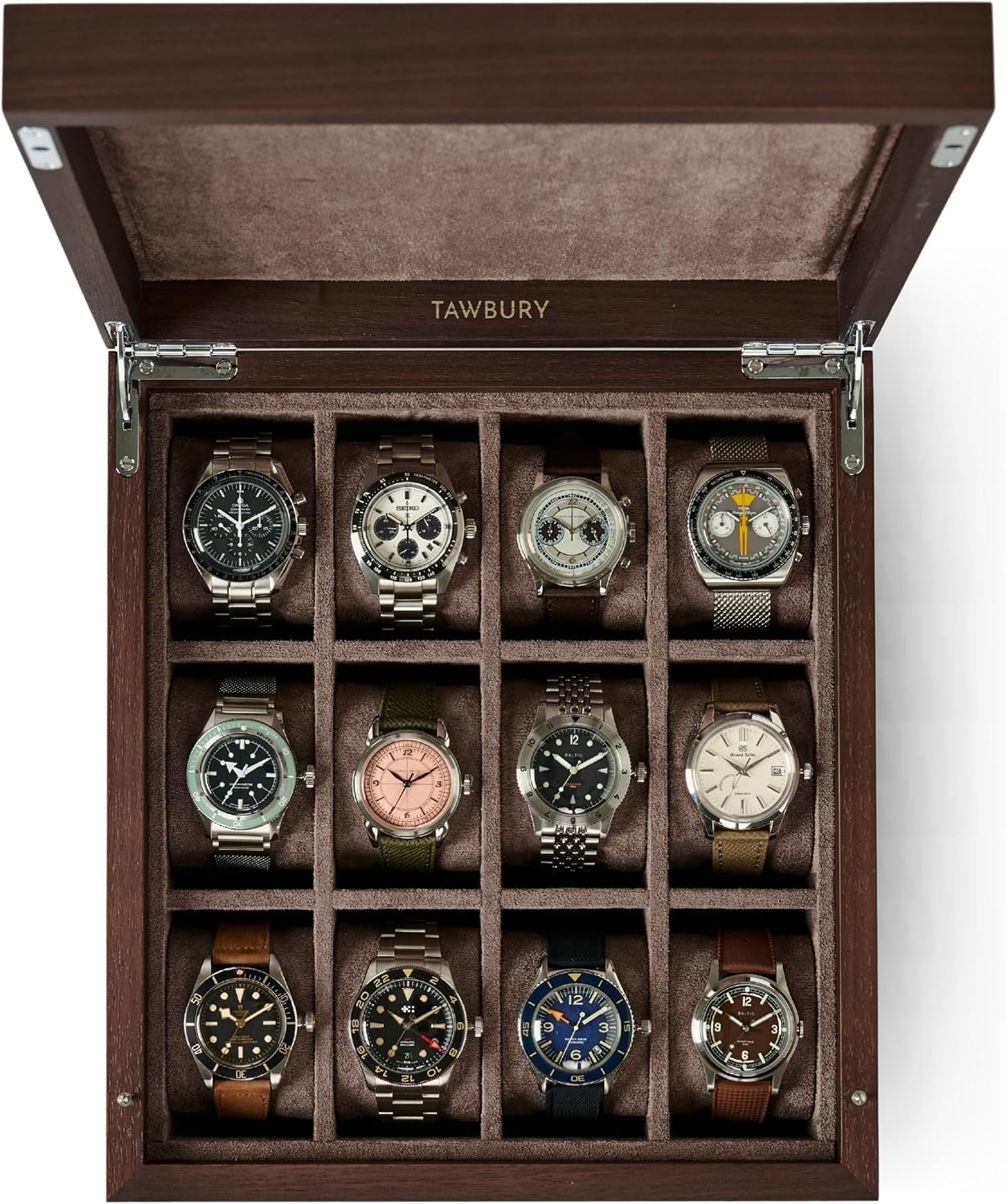 TAWBURY Wooden Watch Case - 12 Slot Wood Watch Box for Men & Women with Protective Fully Lined Interior and 2-inch Wide Pillows for Small & Large Watches (Dark Walnut)
