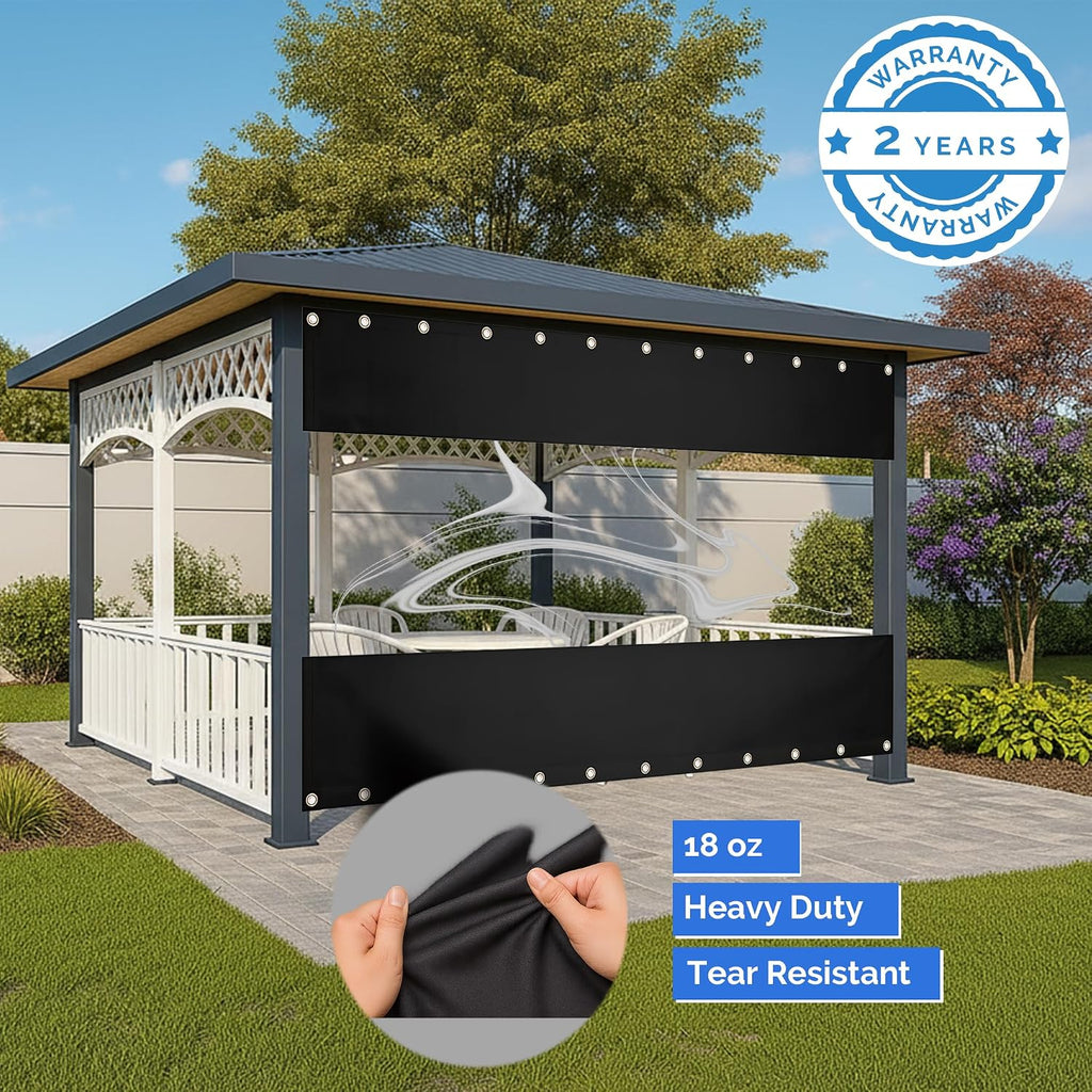 Covers & All Vinyl Outdoor Curtains for Patio Waterproof 18 oz Outdoor Clear Panel Curtains, Gazebo Curtains with Brass Grommets for Pergola, Porch & Patio Walls for Winter (8 x 10 ft, Black)
