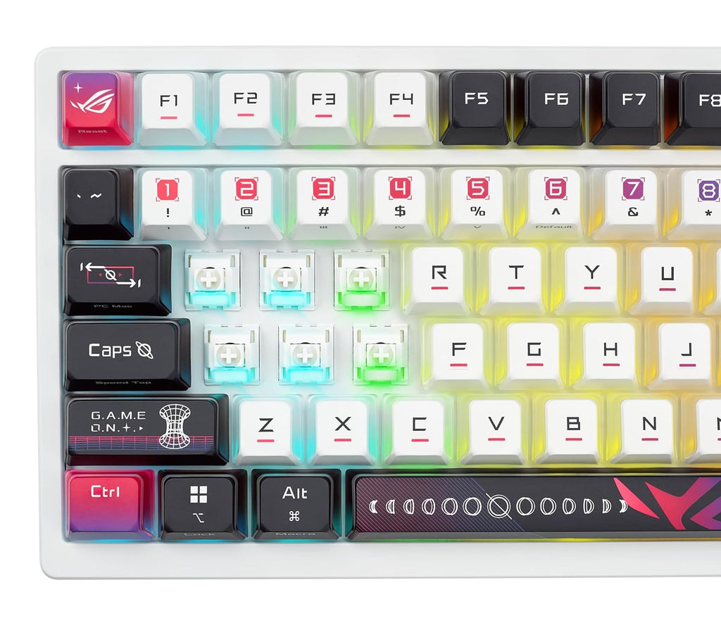 ROG Azoth X 75% custom gaming keyboard, hot-swappable Storm V2 Switches, gasket mount, dampening foam, FR4 plate, south-facing PCB, tri-mode connection, OLED display, control knob, wrist rest, Mac