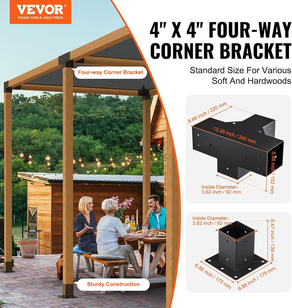 VEVOR Pergola Bracket Kit, 4x4 Inch (Inner Size 3.5x3.5), 2 Pcs 4-Way Heavy Duty Corner Bracket Woodworks DIY Post Base Kit, Easy Installation Wooden Beams for Gazebos, Patio Pergolas, Log Cabin
