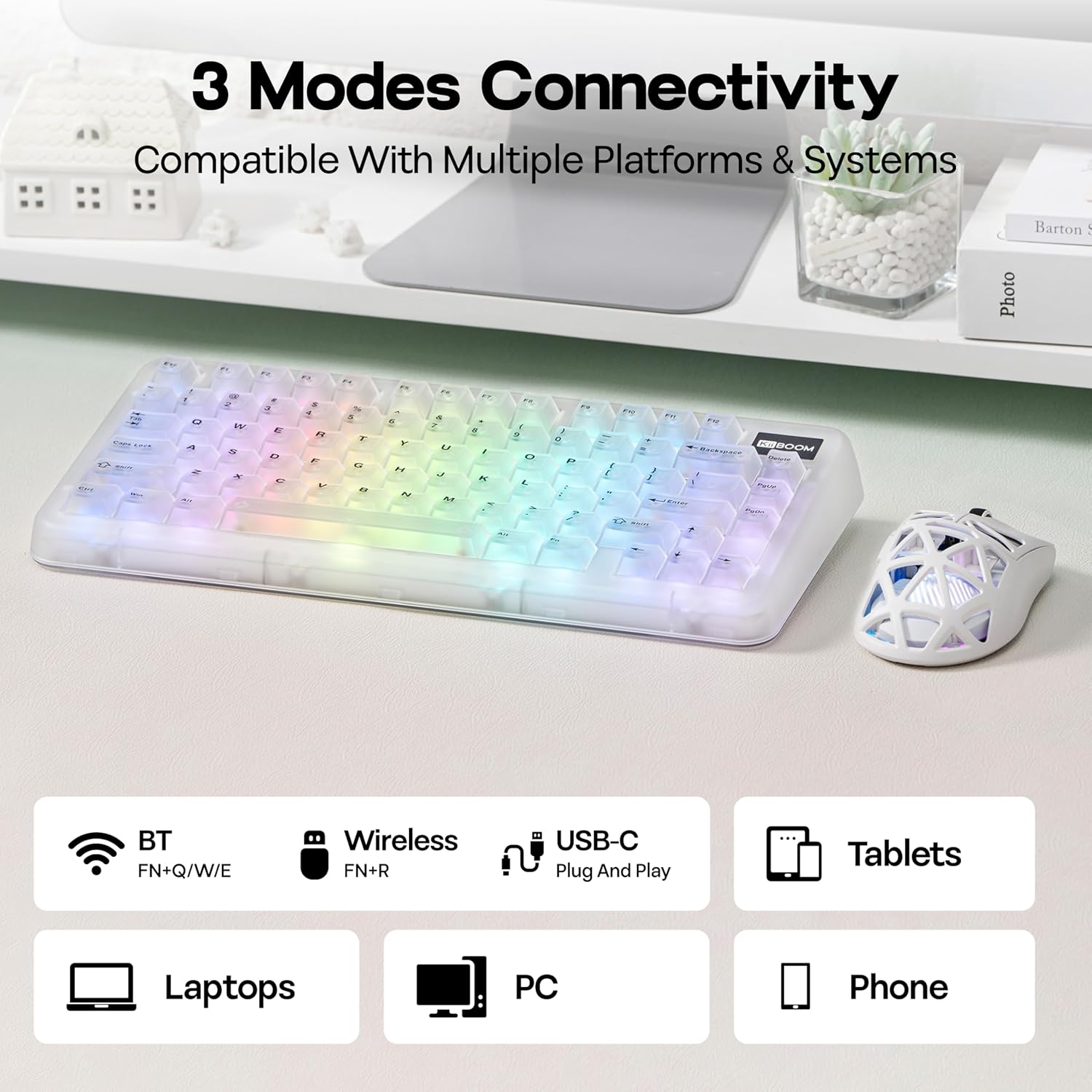KiiBoom Phantom81 Lite 75% Gasket Mechanical Keyboard, QMK&VIA Programmable, 3 Modes Wireless Gaming Keyboard, RGB Backlights, ABS Case, Hot-Swappable for Windows/Mac/Linux (Clear)