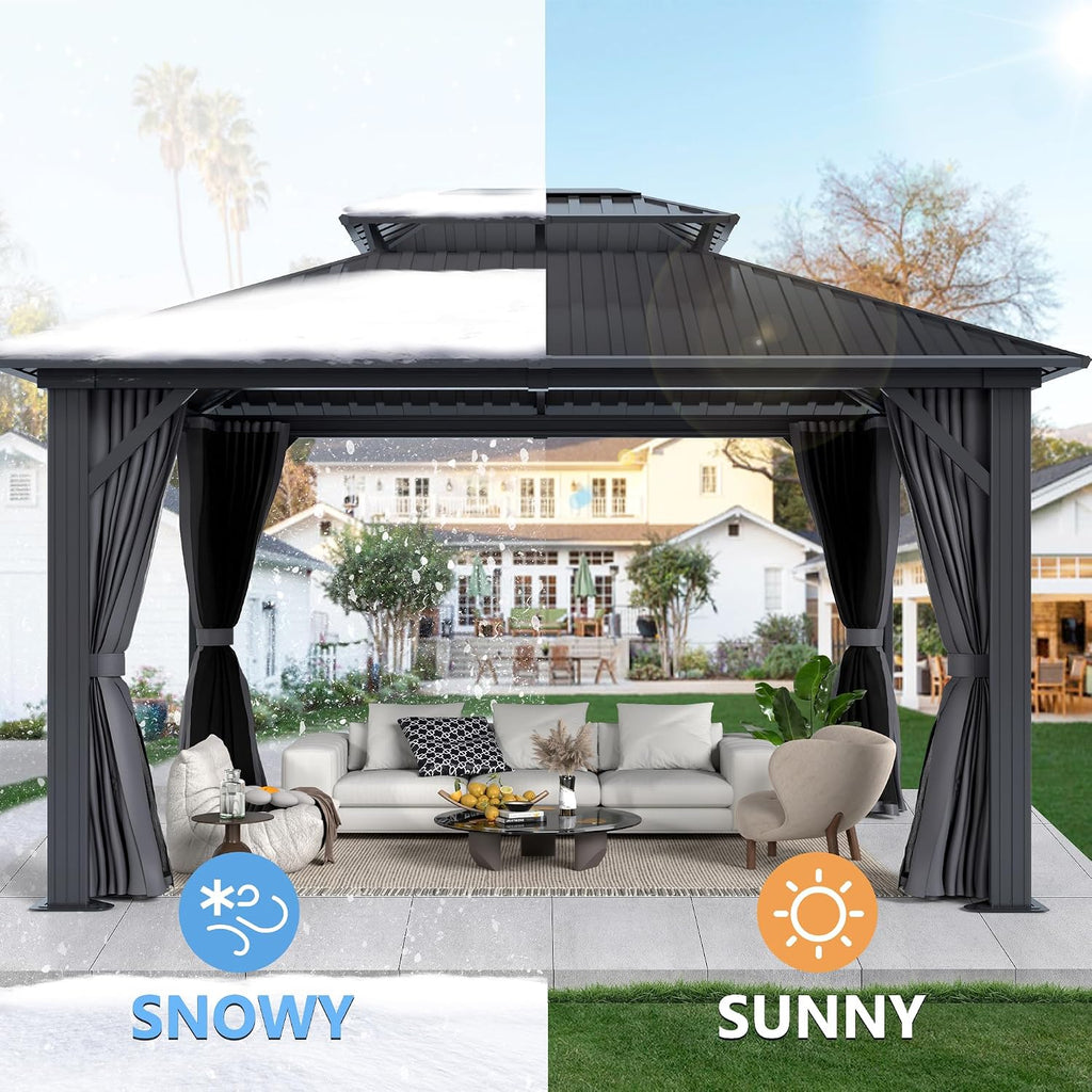 12'x14' Hardtop Gazebo, Outdoor Double Roof Galvanized Steel Gazebo, Aluminum Frame Permanent Pavilion with Curtains & Netting for Backyard, Patio, Deck (12x14)