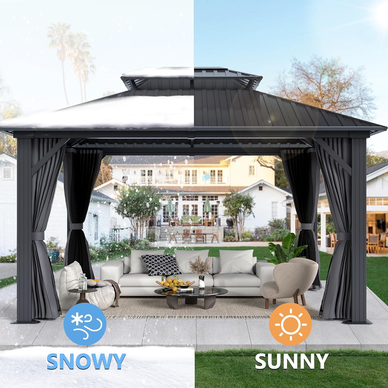12'x14' Hardtop Gazebo, Outdoor Double Roof Galvanized Steel Gazebo, Aluminum Frame Permanent Pavilion with Curtains & Netting for Backyard, Patio, Deck (12x14)