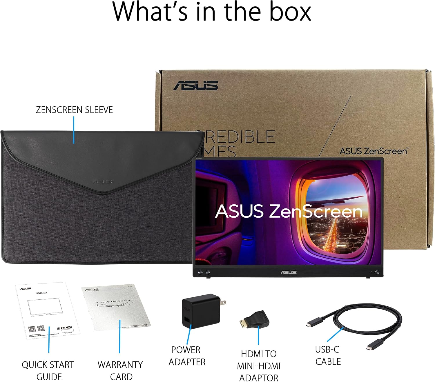 ASUS ZenScreen 15.6' 1080P USB-C Portable Monitor Setup for Laptop/Mac (MB16AHV) - FHD, IPS, Blue Light Filter, Anti-Glare, Mini HDMI, Kickstand, Tripod Mountable, Protective Sleeve, 3year Warranty