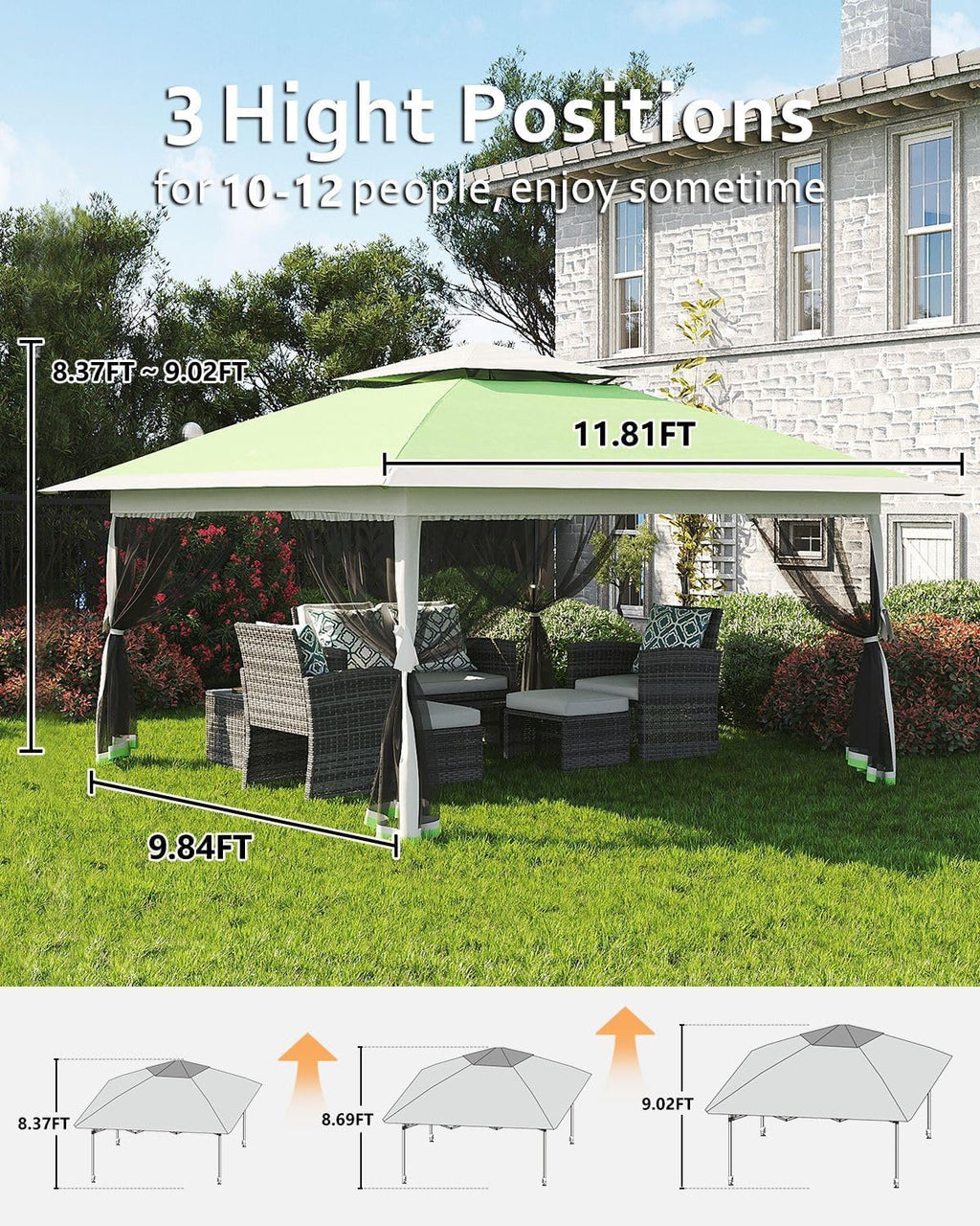 12x12FT Pop Up Gazebo, Instant Backyard Canopy Tent with Mosquito Net & Double Roof, Pop-Up Gazebo Canopies Adjustable Height for Patio, Party, Green