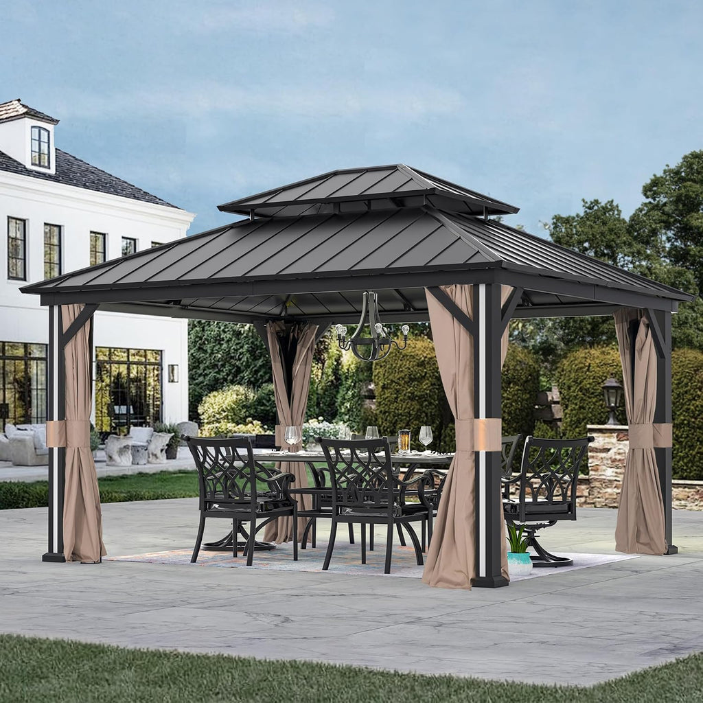 Modern Shade Hardtop Gazebo 12' x 14' with 4 LED Lights, Permanent Outdoor Gazebo with Double Roof, Aluminum Frame, Patio Pavilion with USB Charging Port Deck, Mosquito Netting and Curtains, Black