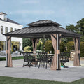 Modern Shade Hardtop Gazebo 12' x 14' with 4 LED Lights, Permanent Outdoor Gazebo with Double Roof, Aluminum Frame, Patio Pavilion with USB Charging Port Deck, Mosquito Netting and Curtains, Black