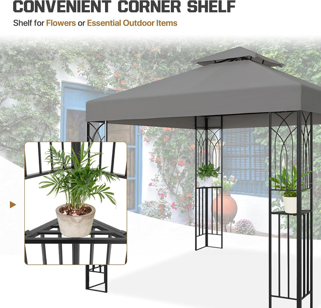 COOS BAY 8x8 Patio Gazebo with Corner Shelves, Two Tier Soft Top Canopy with UV Protection for Backyard, Garden, Lawn, Outdoor Events, Gray