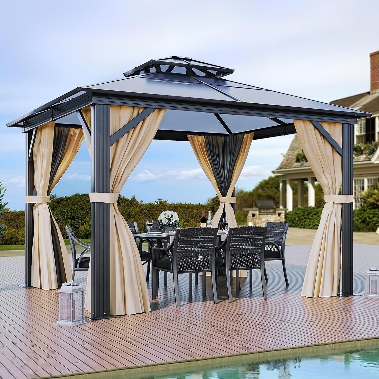 YITAHOME 10x10FT Gazebo Hard-Top Double Roof Canopy Outdoor with Netting and Shaded Curtains, Aluminum Frame Polycarbonate Hardtop Garden Tent for Patio, Backyard, Deck and Lawns, Brown