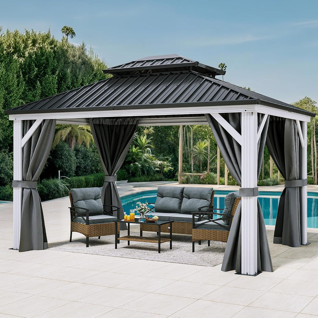 YITAHOME White Gazebo 10x12ft Hardtop Double Roof Canopy Galvanized Iron Aluminum Frame Outdoor Gazebo with Netting and Shaded Curtains Garden Tent for Patio, Backyard, Deck and Lawns, Grey Curtain