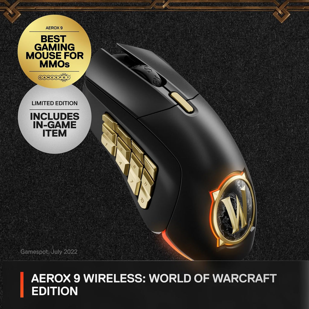 SteelSeries Aerox 9 Wireless: World of Warcraft Edition — Free in-Game Item — MMO Gaming Mouse — 18 Programmable Buttons — Lightweight — Bluetooth/2.4GHz — 18K DPI TrueMove Air Sensor (Renewed)