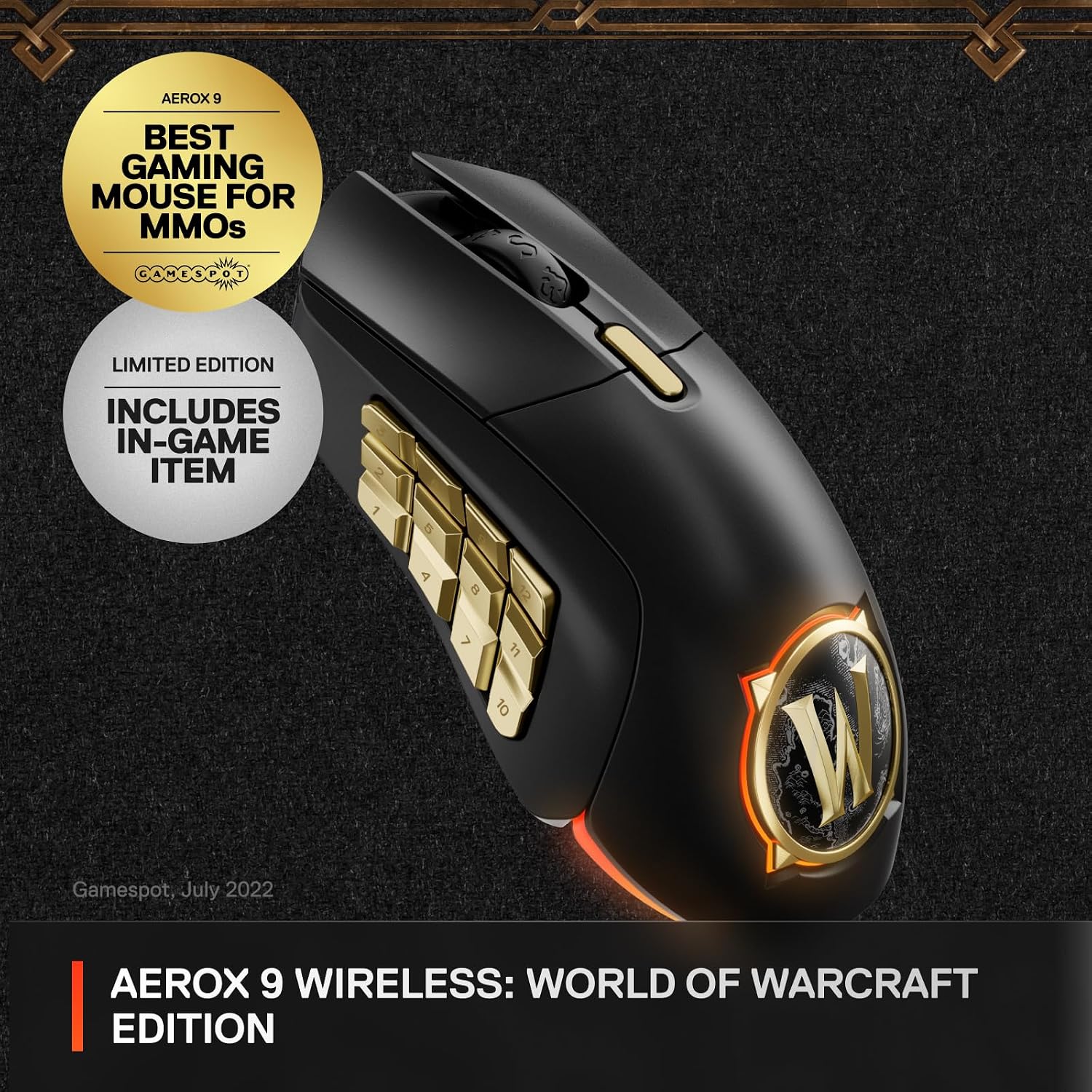 SteelSeries Aerox 9 Wireless: World of Warcraft Edition — Free in-Game Item — MMO Gaming Mouse — 18 Programmable Buttons — Lightweight — Bluetooth/2.4GHz — 18K DPI TrueMove Air Sensor (Renewed)