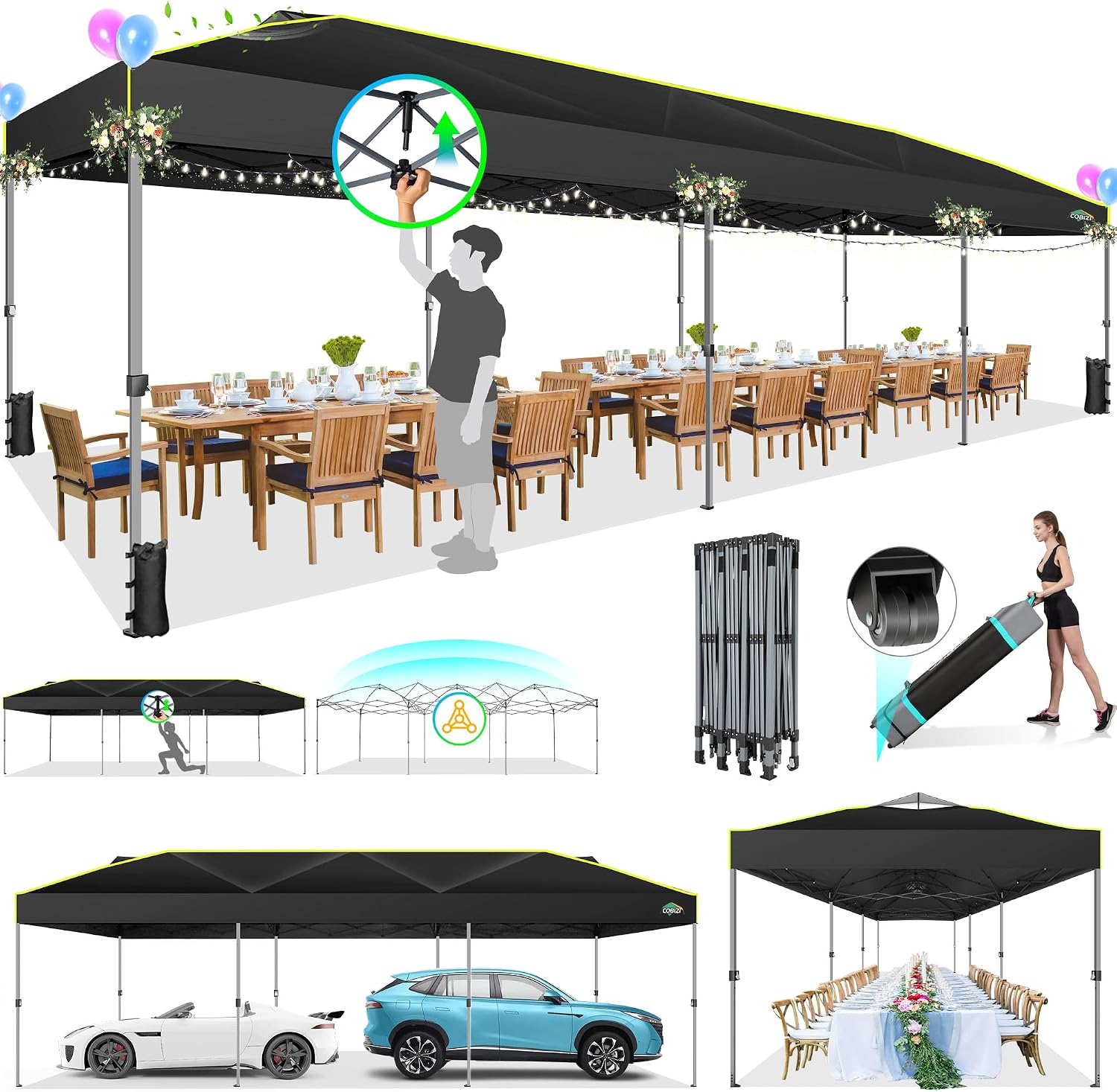 COBIZI 10x20 Pop Up Canopy Tent Ez Up Commercial Outdoor Canopy Wedding Party Tents with Center Lock Instant Folding Shelter with Reflective Strip, Air Vent & 4 Sandbags, (10'X20') Grey