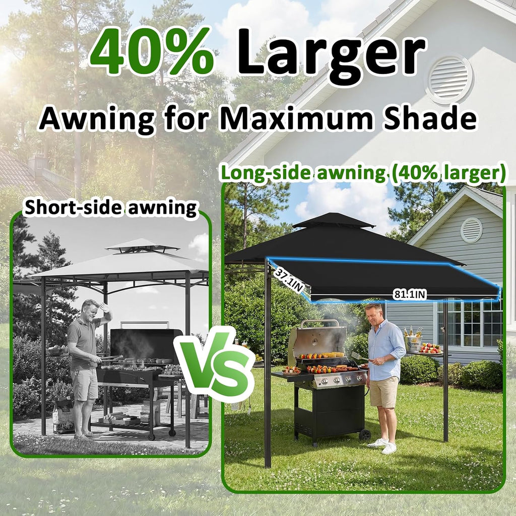 CHARMELEON 8x8 FT Grill Gazebo, Grill Canopy with Big Awning&2 Side Shelves&6 Hooks&Bottle Opener, Powder-Coated Steel BBQ Shelter for Patio Backyard Outdoor Grilling-Black