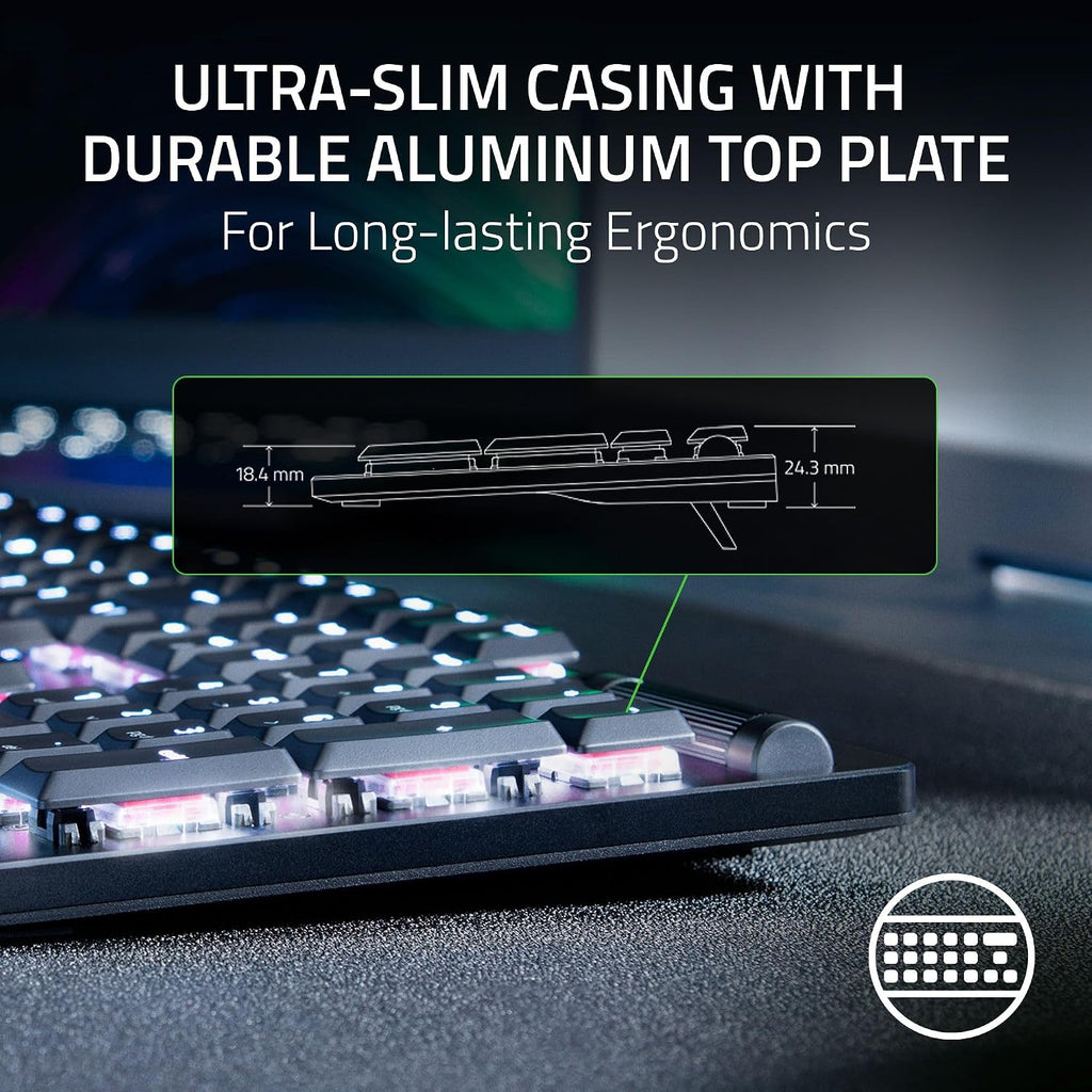 Razer DeathStalker V2 Gaming Keyboard: Low Profile Optical Switches Linear Red - Durable Coated Keycaps - Aluminum Top Plate - Multi Function Roller & Media Button - Chroma RGB - Snap Tap