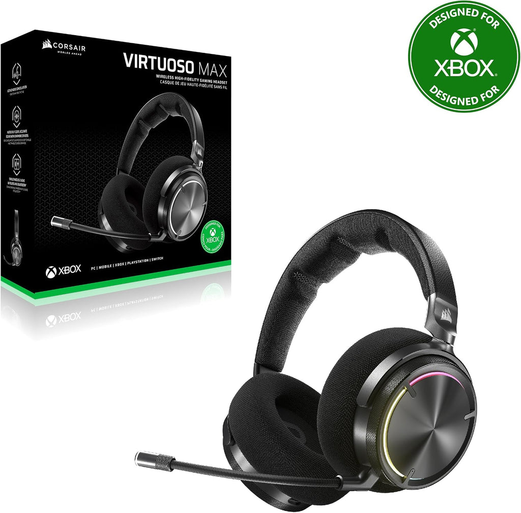 Corsair Virtuoso MAX Wireless Officially Licensed Xbox Series X|S Gaming Headset – Dolby Atmos, Active Noise Cancelling, 2.4GHz Wireless & Bluetooth, Game/Chat Audio Controls, PC – Carbon